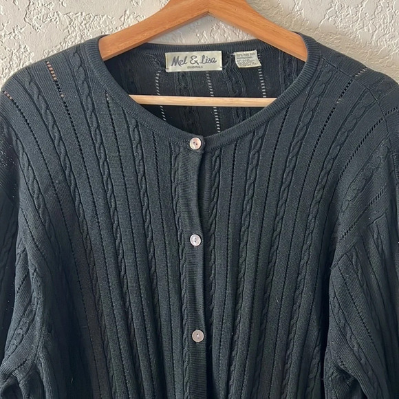 Mel & Lisa 100% Silk Black Pointelle Cable Knit Cardigan Sweater. XL - Picture 2 of 8